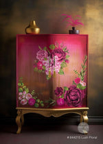 Load image into Gallery viewer, Lush Florals 1 Redesign with Prima X Large Transfer featuring large pink roses and peonies, applied to a bright pink gold and orange vintage bohemian ombre blended cupboard
