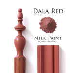Load image into Gallery viewer, Homestead House Milk Paint Dala Red Flat Lay with powder, painted trim and distressed spindle
