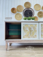 Load image into Gallery viewer, Geo Wave Redesign with Prima Extra Large Transfer - repeating art deco gold shell design on the front of a sideboard
