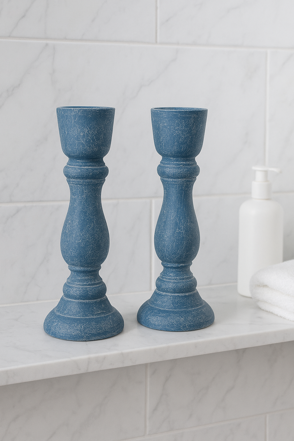 Pair of limed stone effect candlesticks painted in Storm blue Alchemy by Fusion