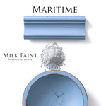 Load image into Gallery viewer, Homestead House Milk Paint Maritime Flat Lay with powder, painted trim and chippy bowl
