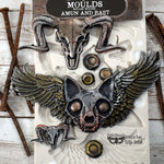 Load image into Gallery viewer, Amun and Bast Redesign with Prima Mould - animal skulls, wings, rivets and bolts in a steampunk gothic style painted in mixed metallics

