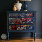 Load image into Gallery viewer, A colourful bunch redesign fibre decoupage paper applied to blue chest of drawers 
