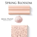 Load image into Gallery viewer, Homestead House Milk Paint Spring Blossom Flat Lay with powder, painted trim and distressed embossed moulding
