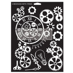 Load image into Gallery viewer, Gearworks Redesign with Prima Stencil with cogs, gears steampunk mechanical clocks and roman numbers, plus a ight bulb and key.
