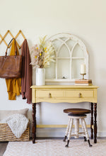 Load image into Gallery viewer, Homestead House Milk Paint Swedish Yellow painted console table with dark wood legs
