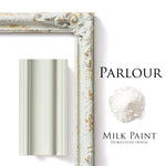 Load image into Gallery viewer, Homestead House Milk Paint Parlour Flat Lay with powder, painted trim and chippy photo frame
