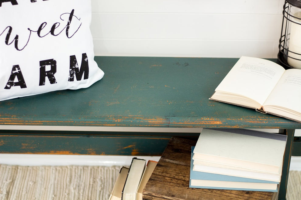 Homestead House Milk Paint Waterloo Green distressed finish