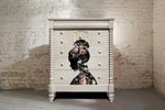 Load image into Gallery viewer, Floral Silhouette Redesign with Prima Extra Large Transfer featuring a women's head and shoulder Silhouette filled with realistic flowers on the front of a cream chest of drawers

