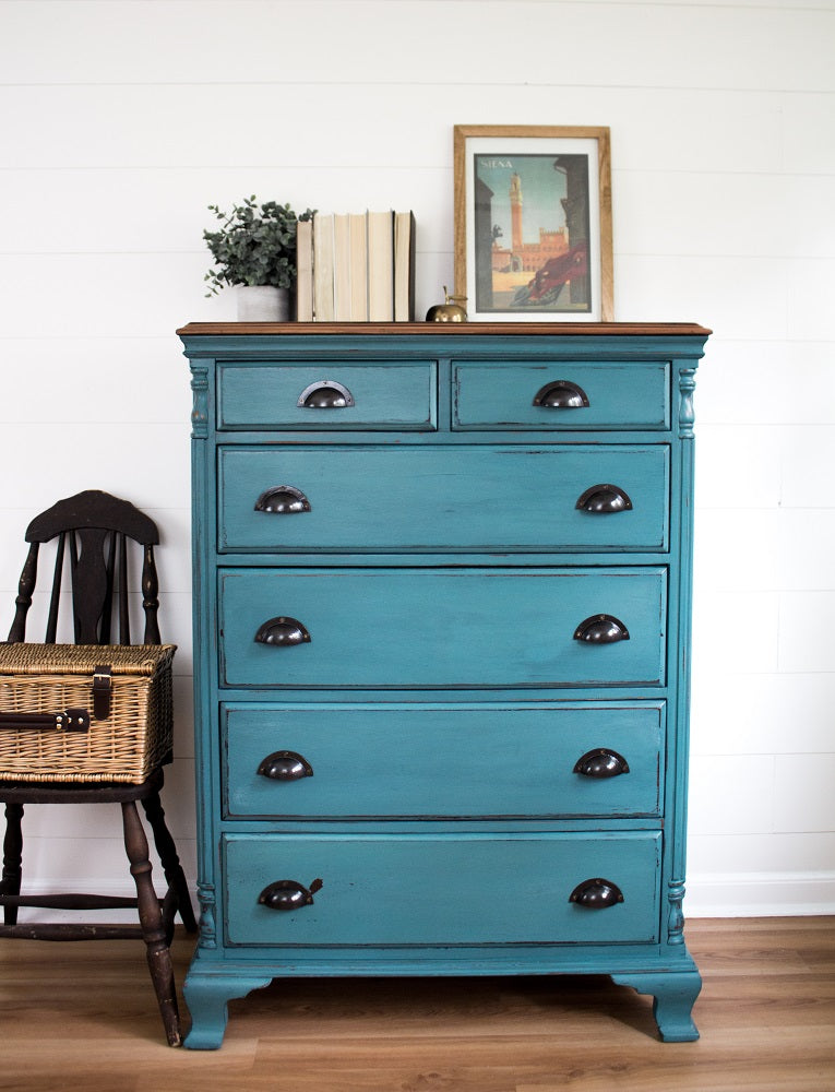 Homestead House Milk Paint Renfrew painted large chest of vintage drawers