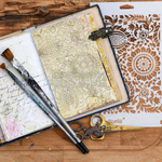 Load image into Gallery viewer, Folk Florals Redesign with Prima Finnabair Stencil used with a textured paste in a sketch book
