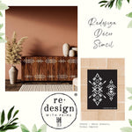 Load image into Gallery viewer, Tribal Imprint Redesign with Prima Stencil across ths front of a large mcm sideboard
