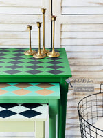 Load image into Gallery viewer, Gold Harlequin Extra Large Redesign with Prima Transfer - repeating diamond checkerboard design on a green nest of tables

