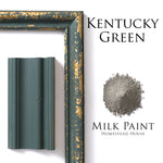 Load image into Gallery viewer, Homestead House Milk Paint Kentucky Green Flat Lay with powder, painted trim and chippy photo frame
