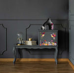 Load image into Gallery viewer, Organic Flora Redesign with Prima Small Transfer - bright florals and hummingbirds on a dark grey charcoal telephone table

