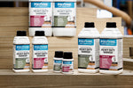 Load image into Gallery viewer, Full range of Polyvine heavy-duty varnish bottles displayed on a wooden shelf.
