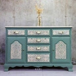 Load image into Gallery viewer, Eastern Abstract Redesign with Prima Stencil, intricate morrocan tile pattern in cream over an aqua sideboard
