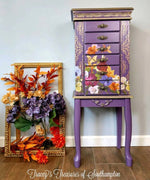 Load image into Gallery viewer, Pressed Flowers Redesign with Prima Extra Large Transfer on a mauve purple leggy tallboy drawers
