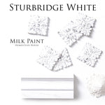 Load image into Gallery viewer, Homestead House Milk Paint Sturbridge White Flat Lay with powder, painted trim and distressed mouldings
