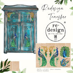 Load image into Gallery viewer, Peacock Paradise Redesign with Prima Small Transfer inspirationboard with a distressed blue cabinet
