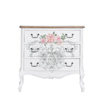 Load image into Gallery viewer, Odeur De Rose Redesign with Prima Maxi Transfer - pretty pink flowers and a large delicately ornate perfume bottle design on the front of a white chest of drawers
