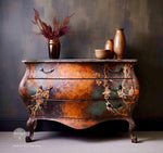 Load image into Gallery viewer, Birdwatching Copper Foil Redesign with Prima Transfer - Kacha Collection, applied to a dark rust inspired paint effect copper verdigris bombe chest of drawers
