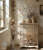 Load image into Gallery viewer, A Moment of Stillness A1 Design with Prima Fibre Decoupage Paper on a vintage chest of drawers.
