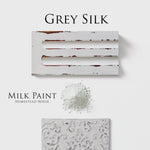 Load image into Gallery viewer, Homestead House Milk Paint Grey Silk Flat Lay with powder, painted trim and distressed sample
