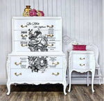Load image into Gallery viewer, Youth Fountain Extra Large Redesign with Prima Transfer - black text and mythical roman lady applied to large white elaborate chest of drawers
