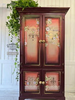 Load image into Gallery viewer, With love Skully Extra Large Redesign with Prima Transfer - lace, skulls, butterflies, script and chandelier on a deep maroon burgundy and gold wardrobe
