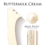 Load image into Gallery viewer, Homestead House Milk Paint Buttermilk Flat Lay with powder, painted trim and distressed patterned trim sample

