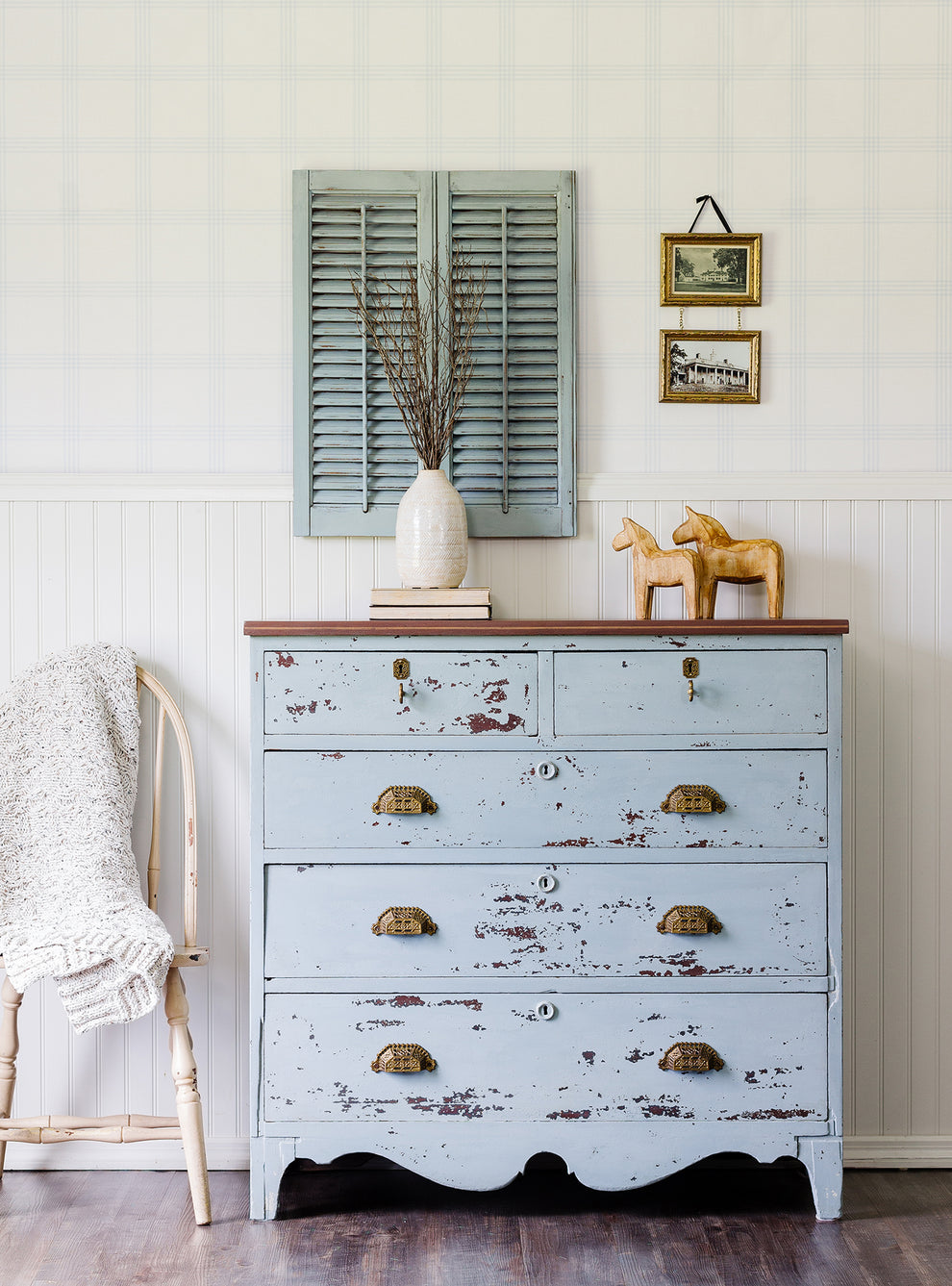 Homestead House Milk Paint Solstice Blue chippy painted antique chest of drawers with fan handles