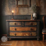 Load image into Gallery viewer, Gearworks Redesign with Prima Stencil with cogs, gears steampunk mechanical clocks and roman numerals, plus a ight bulb and key. Applied to a beautiful rustic industrial wood and charcoal aged chest of drawers.
