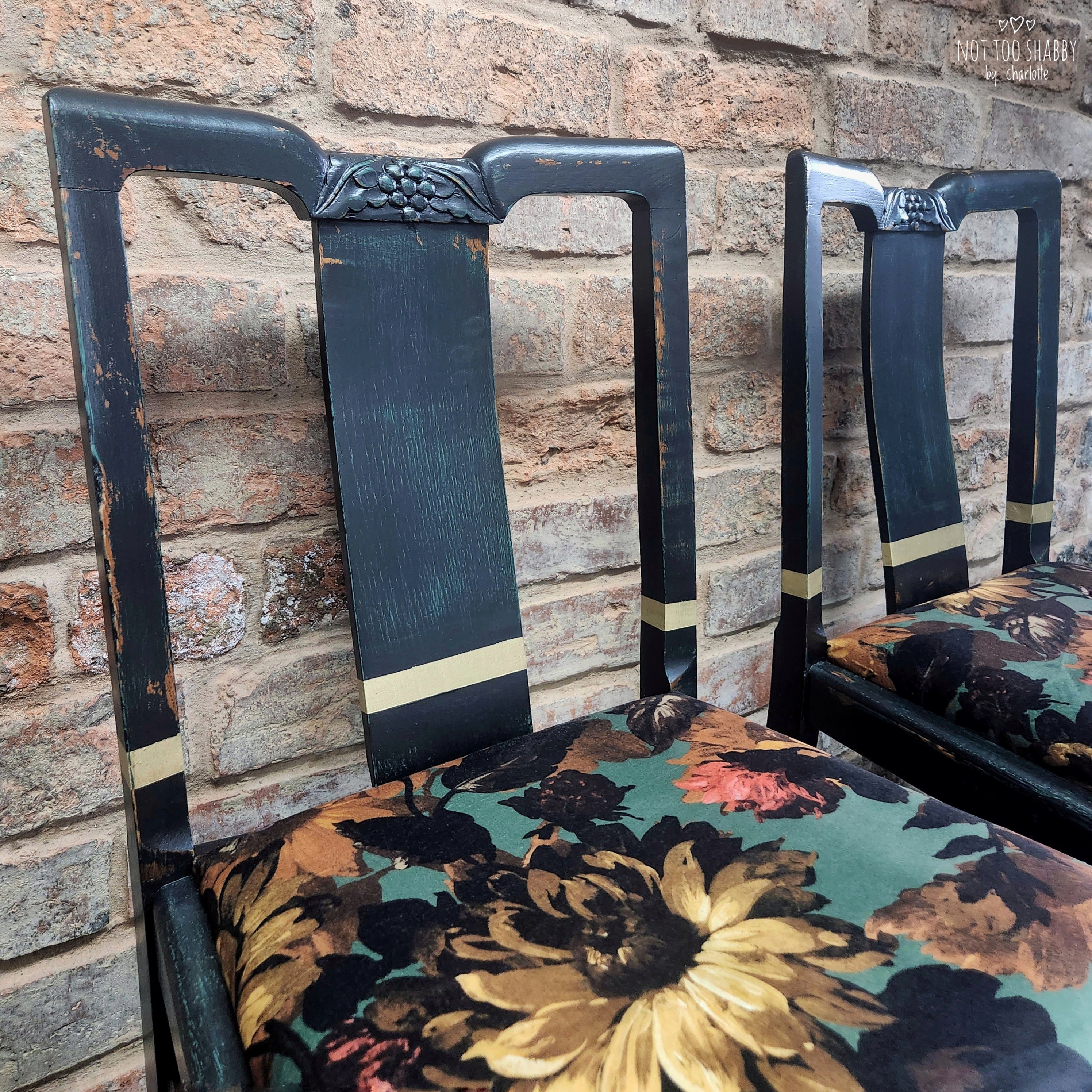 Black, gold and green hand painted dining chairs