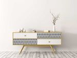 Load image into Gallery viewer, Harmonious Fan Redesign with Prima Extra Large Transfer - small repeating black fan all over pattern applied to feature drawers on a cabinet
