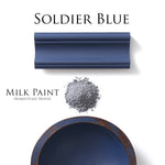 Load image into Gallery viewer, Homestead House Milk Paint Soldier Blue Flat Lay with powder, painted trim and chippy bowl
