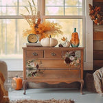 Load image into Gallery viewer, Prairie House Redesign with Prima Maxi Transfer - large autumnal floral design with antlers interspersed on the front of an oak chest of drawers
