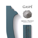 Load image into Gallery viewer, Homestead House Milk Paint Gaspe Flat Lay with powder, painted trim and distressed patterned mouldings
