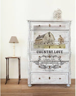 Load image into Gallery viewer, Out on the farm Redesign with Prima Extra Large Transfer, featuring a rustic barn scene and a floral wreath around vintage text saying Country Love
