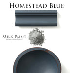 Load image into Gallery viewer, Homestead House Milk Paint Homestead Blue Flat Lay with powder, painted trim and chippy vintage bowl
