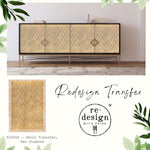 Load image into Gallery viewer, Geo Diamond Redesign with Prima Extra Large Transfer - interlocking gold chevron design on the front of an mcm sideboard
