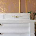 Load image into Gallery viewer, Imperial Intricacy Redesign with Prima Decor Mould used as a handle backplate on a white chest of drawers
