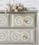 Load image into Gallery viewer, Elegant Vine Redesign with Prima Stencil in white over washed grey wood
