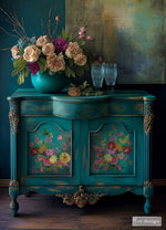 Load image into Gallery viewer, Sunny Glow Redesign with Prima Middy Transfer - bright yellow, pink and orange flowers on a glamorous boho vintage style gold and teal blue sideboard

