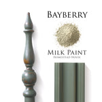 Load image into Gallery viewer, Homestead House Milk Paint Bayberry Flat Lay with powder, painted trim and distressed spindle
