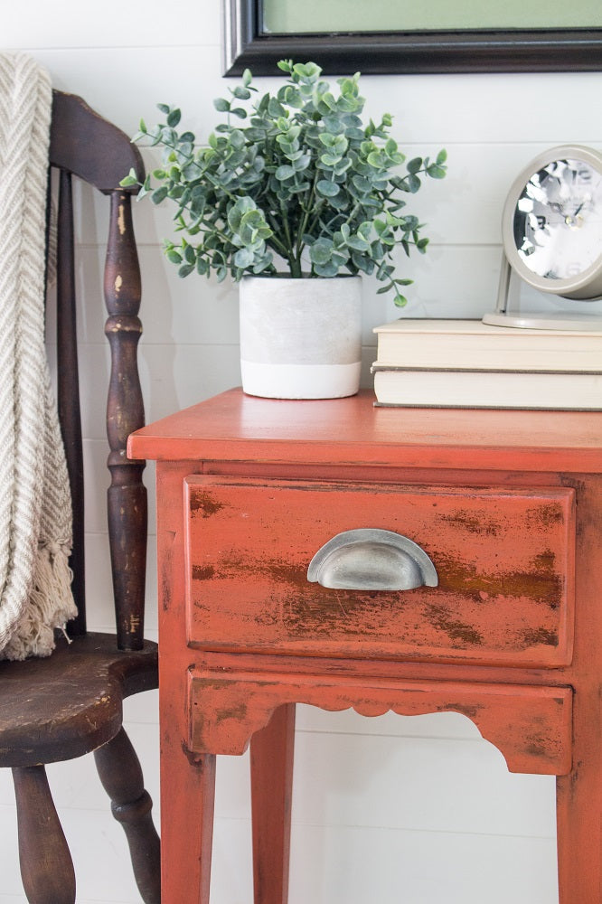 Homestead House Milk Paint Spice distressed side table close up