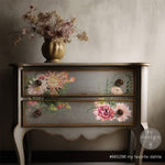 Load image into Gallery viewer, My Favourite Dhalia Redesign with Prima Maxi Transfer - large dhalia bouquet with trailing foliage applied to a smoky grey blended chest of drawers

