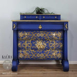 Load image into Gallery viewer, Orleans Redesign with Prima Extra Large Transfer from the Kacha Collection, ornate and equisite baroque scroll and rose design applied to deep cobalt blue sideboard drawers
