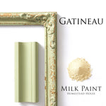 Load image into Gallery viewer, Homestead House Milk Paint Gatineau Flat Lay with powder, painted trim and distressed photo frame
