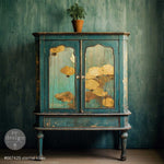 Load image into Gallery viewer, Eternal Lotus A1 Redesign With Prima Fibre Decoupage Paper across the doors of a teal painted vintage cabinet
